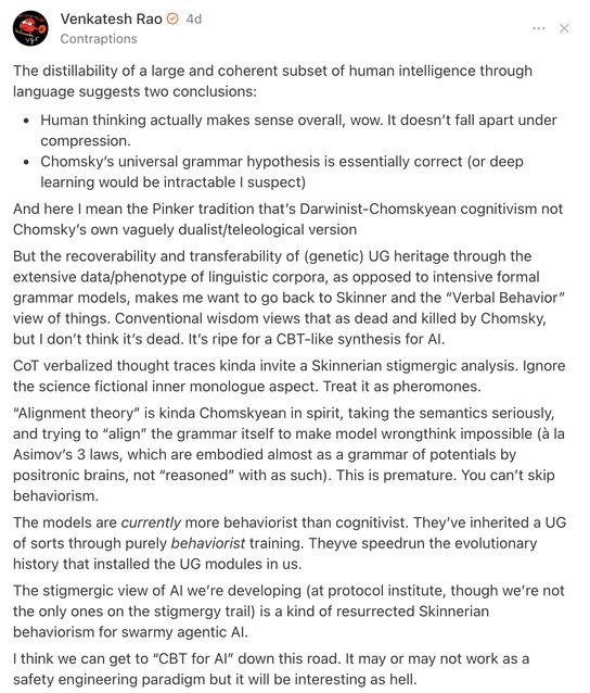 Screenshot of Venkatesh Rao's Substack note on distillability, universal grammar, and stigmergic AI